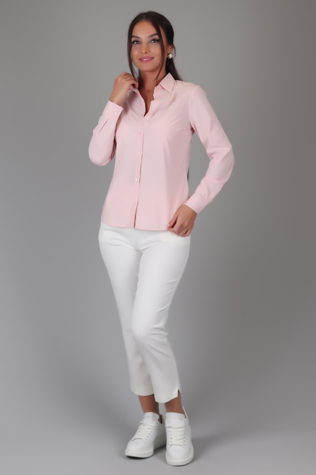 Sweetness Kadın Pudra  Pembe Likralı Uzun Kol Pamuklu Klasik GömlekSWEETNESS