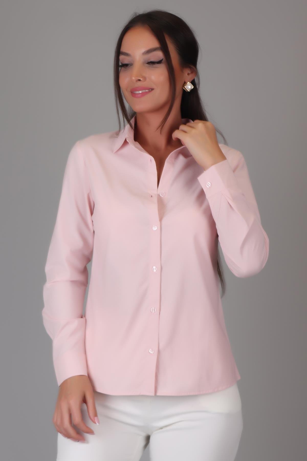 Sweetness Kadın Pudra  Pembe Likralı Uzun Kol Pamuklu Klasik GömlekSWEETNESS