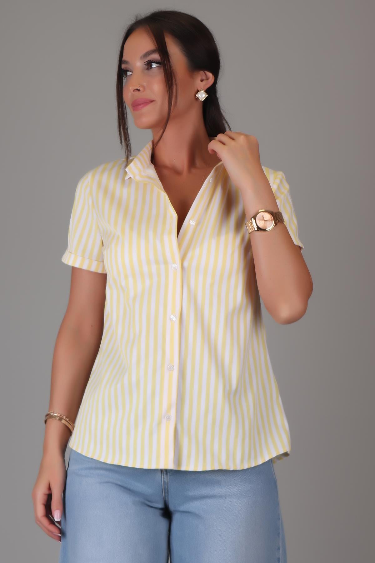 SWEETNESS Kadın Sarı Çizgili Kısa Kollu Likralı Pamuklu Klasik Gömlek DK004-6SWEETNESS