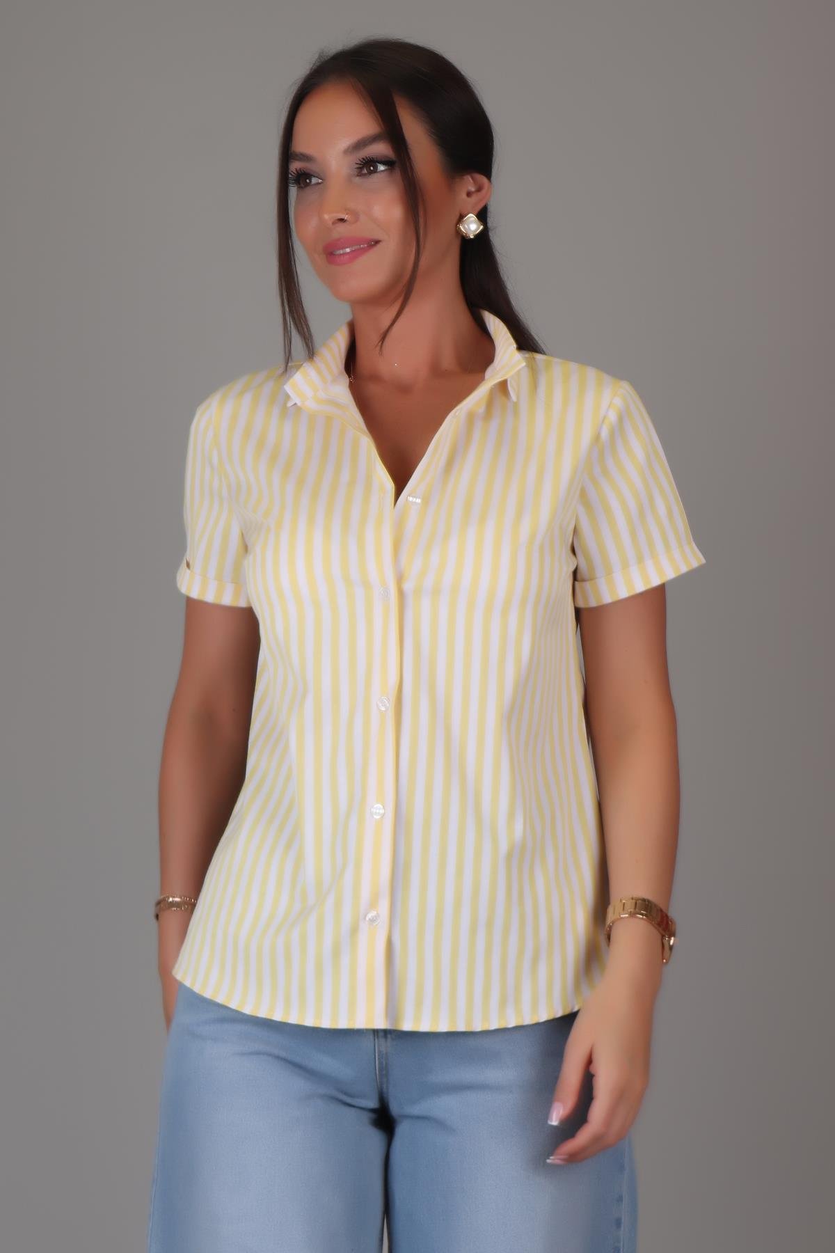 SWEETNESS Kadın Sarı Çizgili Kısa Kollu Likralı Pamuklu Klasik Gömlek DK004-6SWEETNESS
