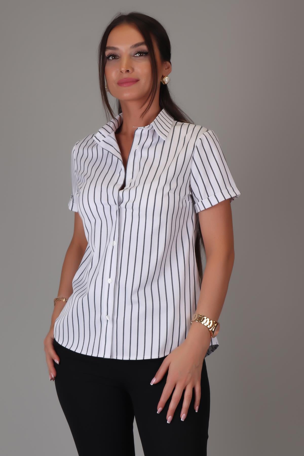 SWEETNESS Kadın Siyah Çizgili Kısa Kollu Likralı Pamuklu Klasik Gömlek DK001-3SWEETNESS