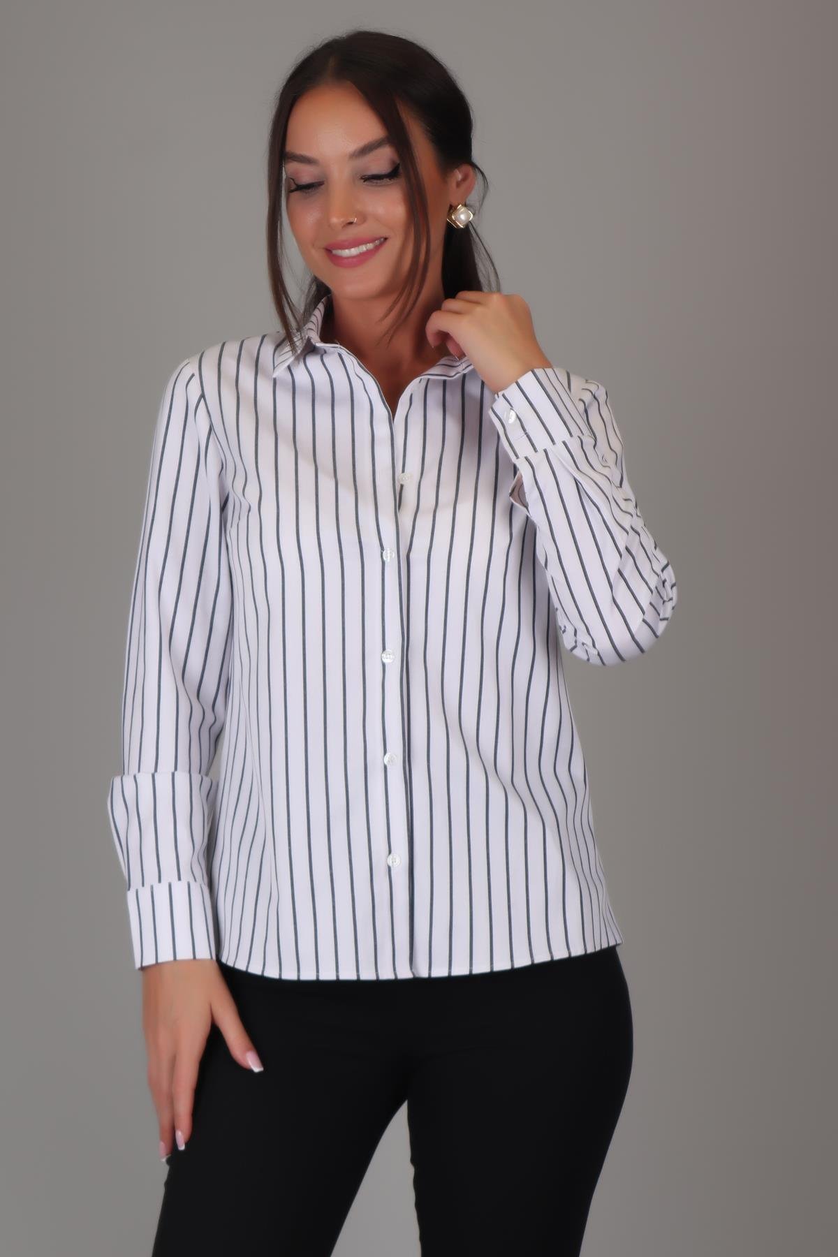 SWEETNESS Kadın Siyah Çizgili Uzun Kollu Likralı Pamuklu Klasik Gömlek DK001-3SWEETNESS