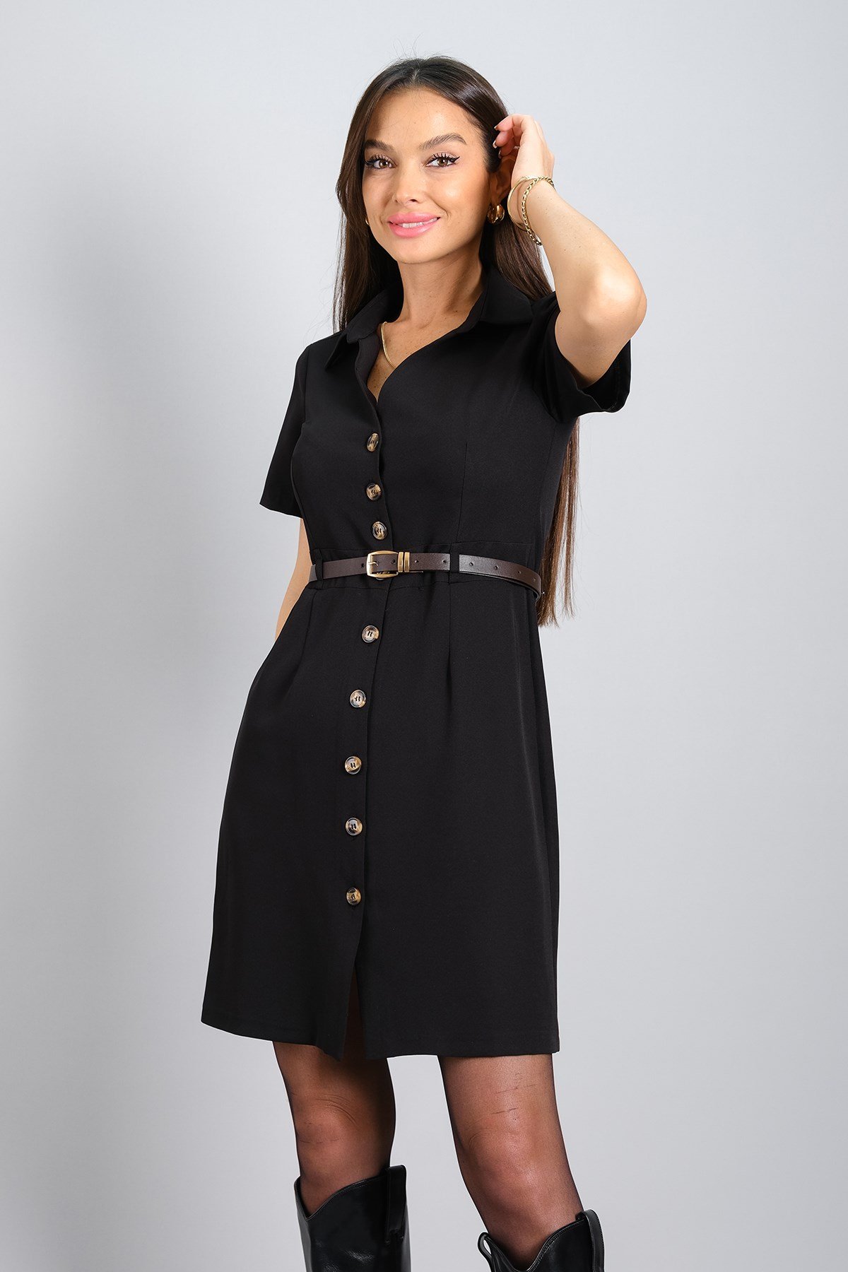 Sweetness Kadın Siyah Krep Kumaş Önden Düğmeli Model Kısa Kol Kemer Detaylı ElbiseSWEETNESS