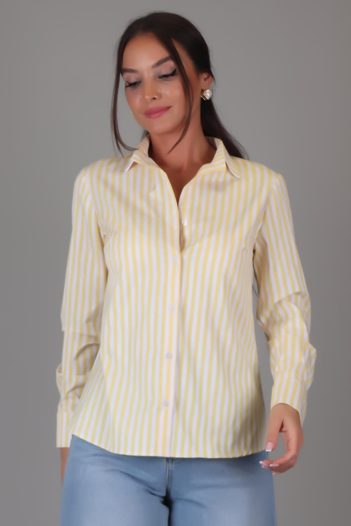 SWEETNESS Kadın Uzun Çizgili Uzun Kollu Likralı Pamuklu Klasik Gömlek DK004-6SWEETNESS