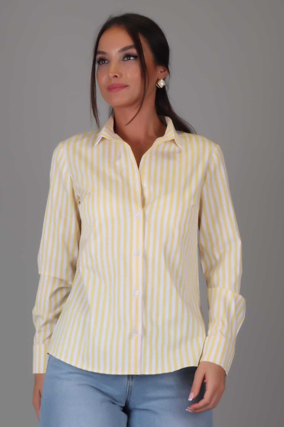 SWEETNESS Kadın Uzun Çizgili Uzun Kollu Likralı Pamuklu Klasik Gömlek DK004-6SWEETNESS