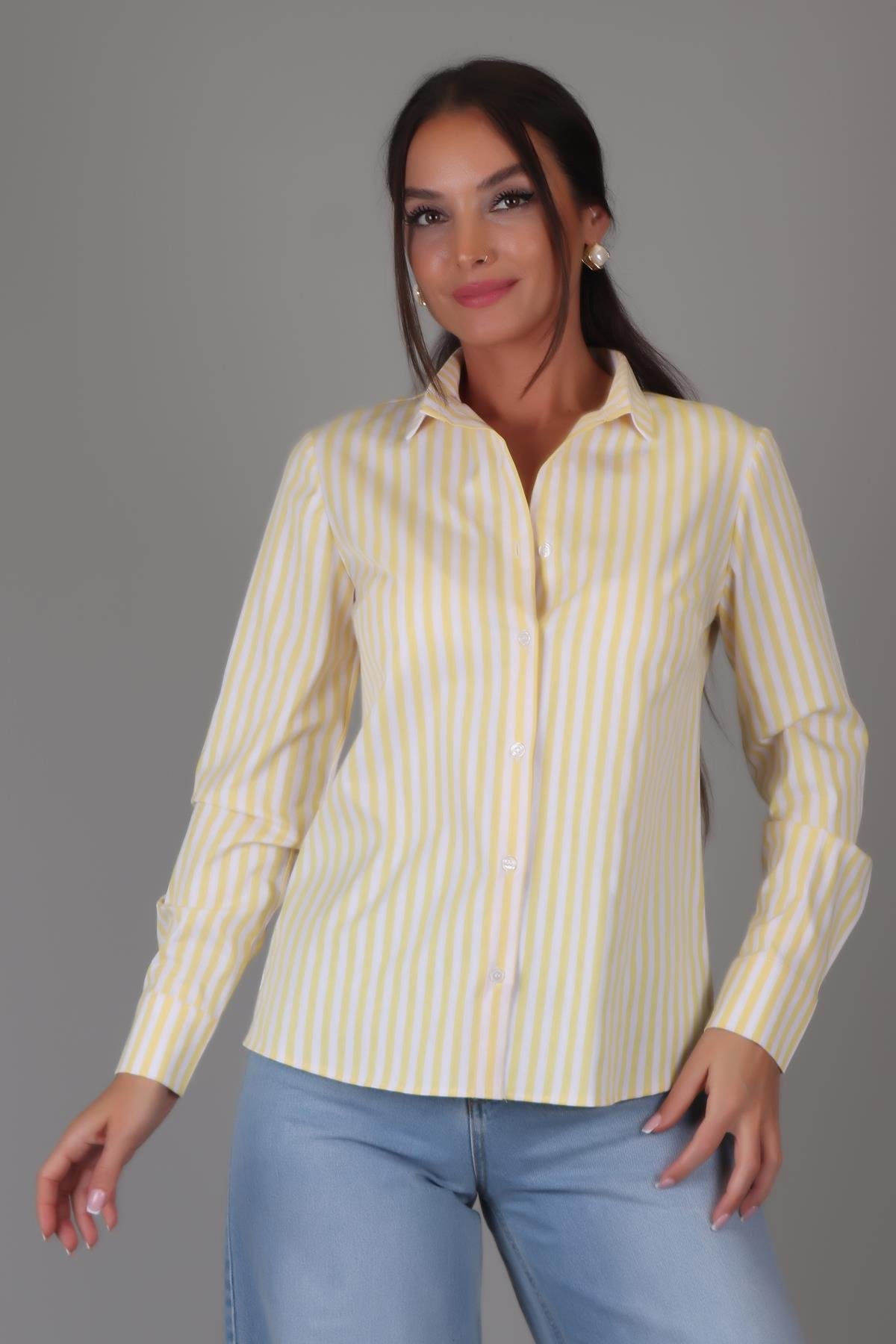 SWEETNESS Kadın Uzun Çizgili Uzun Kollu Likralı Pamuklu Klasik Gömlek DK004-6SWEETNESS