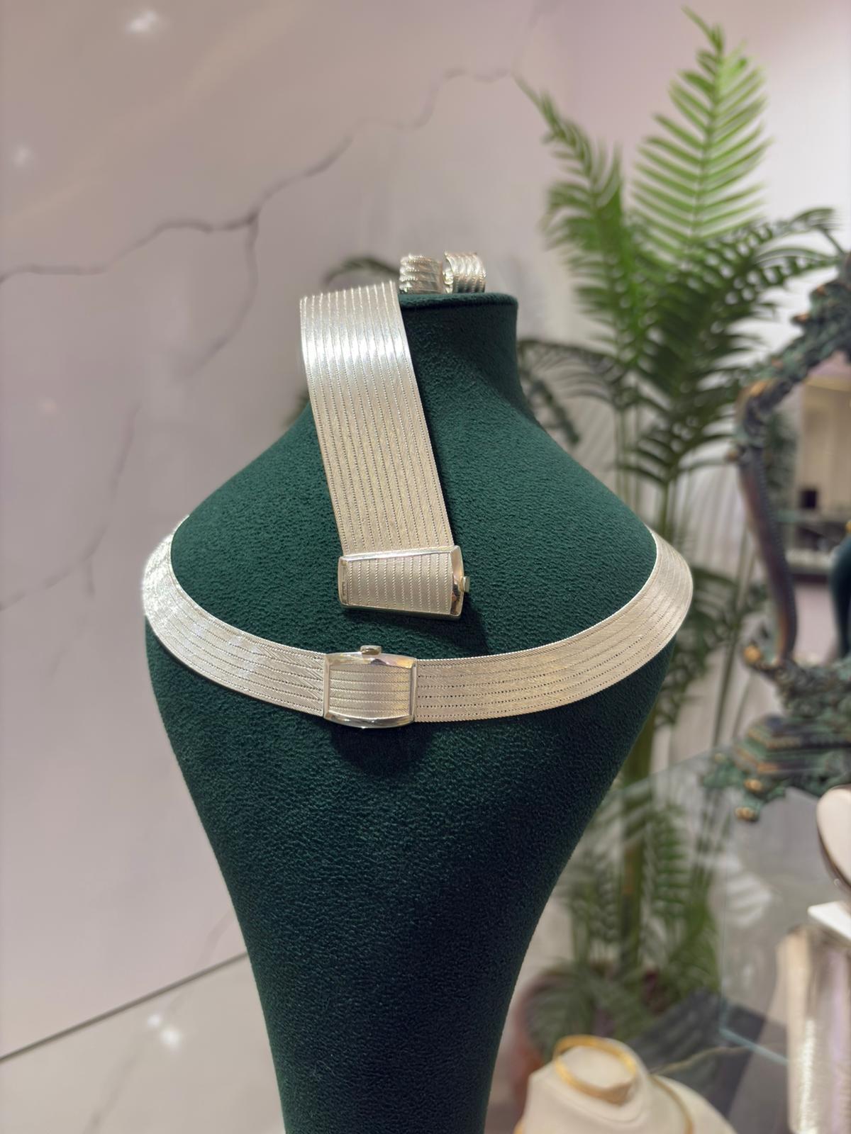 925 Ayar Gümüş 13 Sıra Hasır Bileklik 7 Sıra Gerdanlık ve Küpe Seti