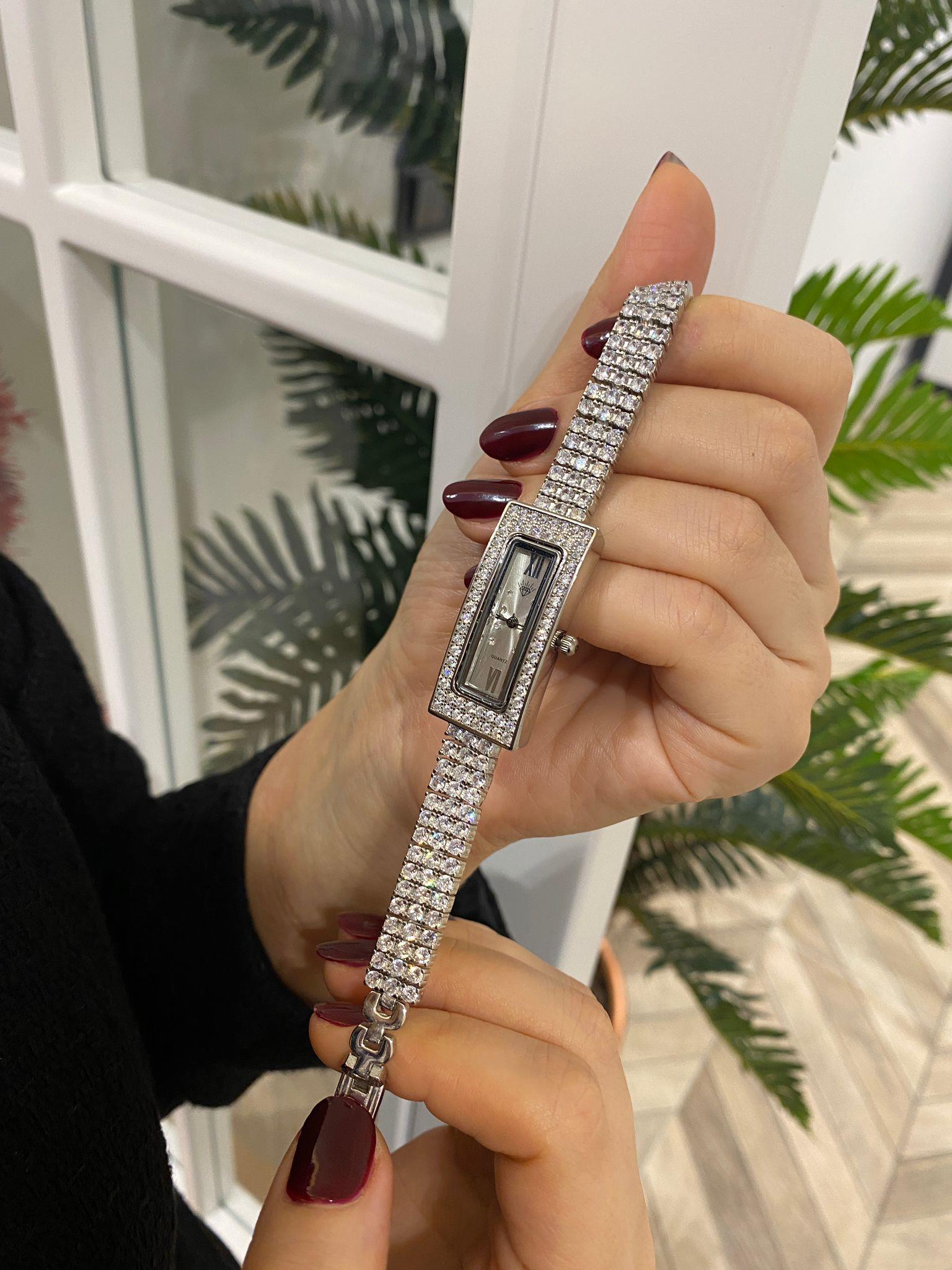 925 Ayar Gümüş Dikdörtgen TaşlıSaat 