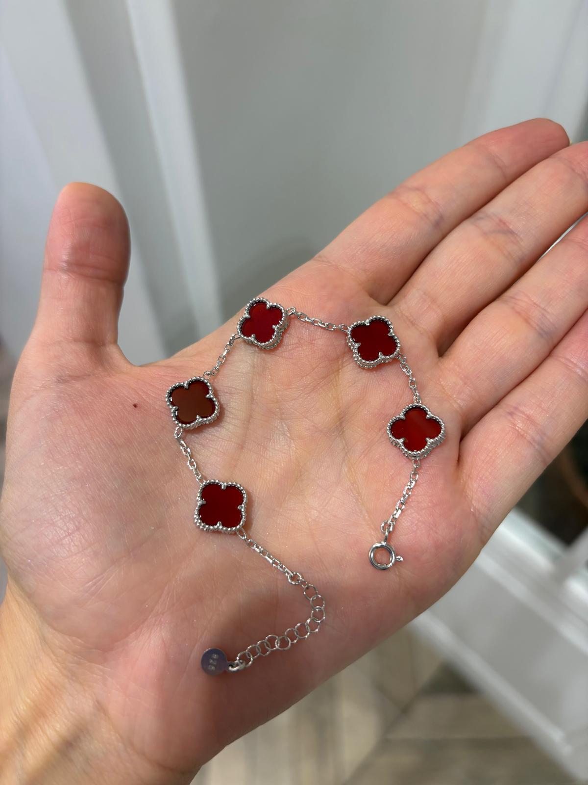 Kadın Gümüş 5 Yoncalı Bordo Bileklik 