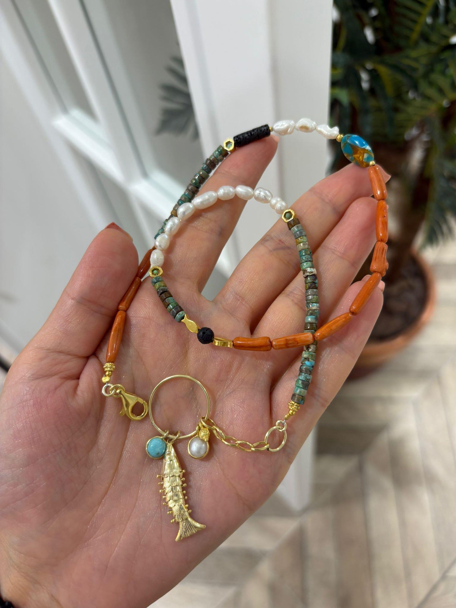 Kadın Gümüş Doğal Taşlı Balık Kolye