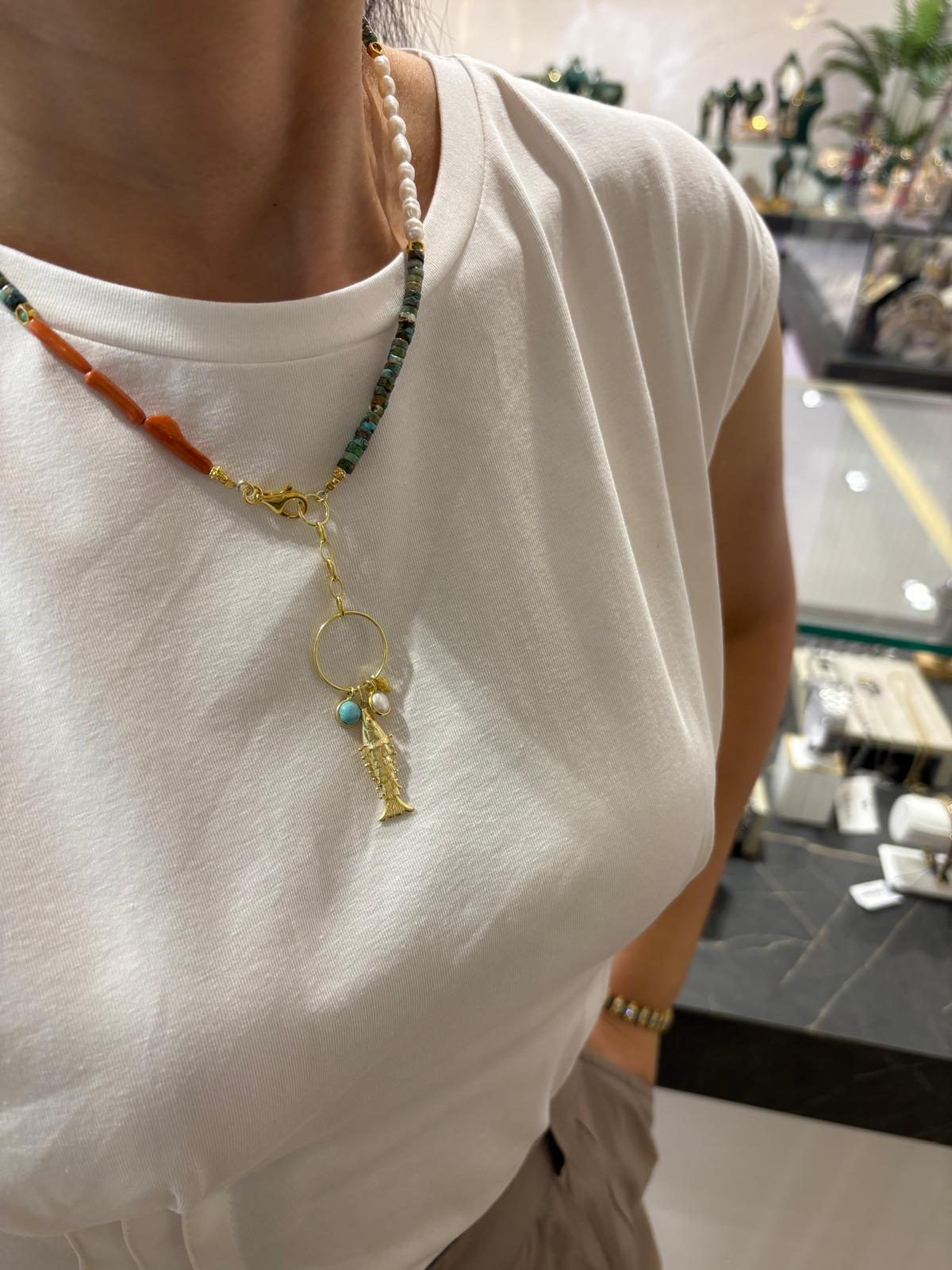 Kadın Gümüş Doğal Taşlı Balık Kolye