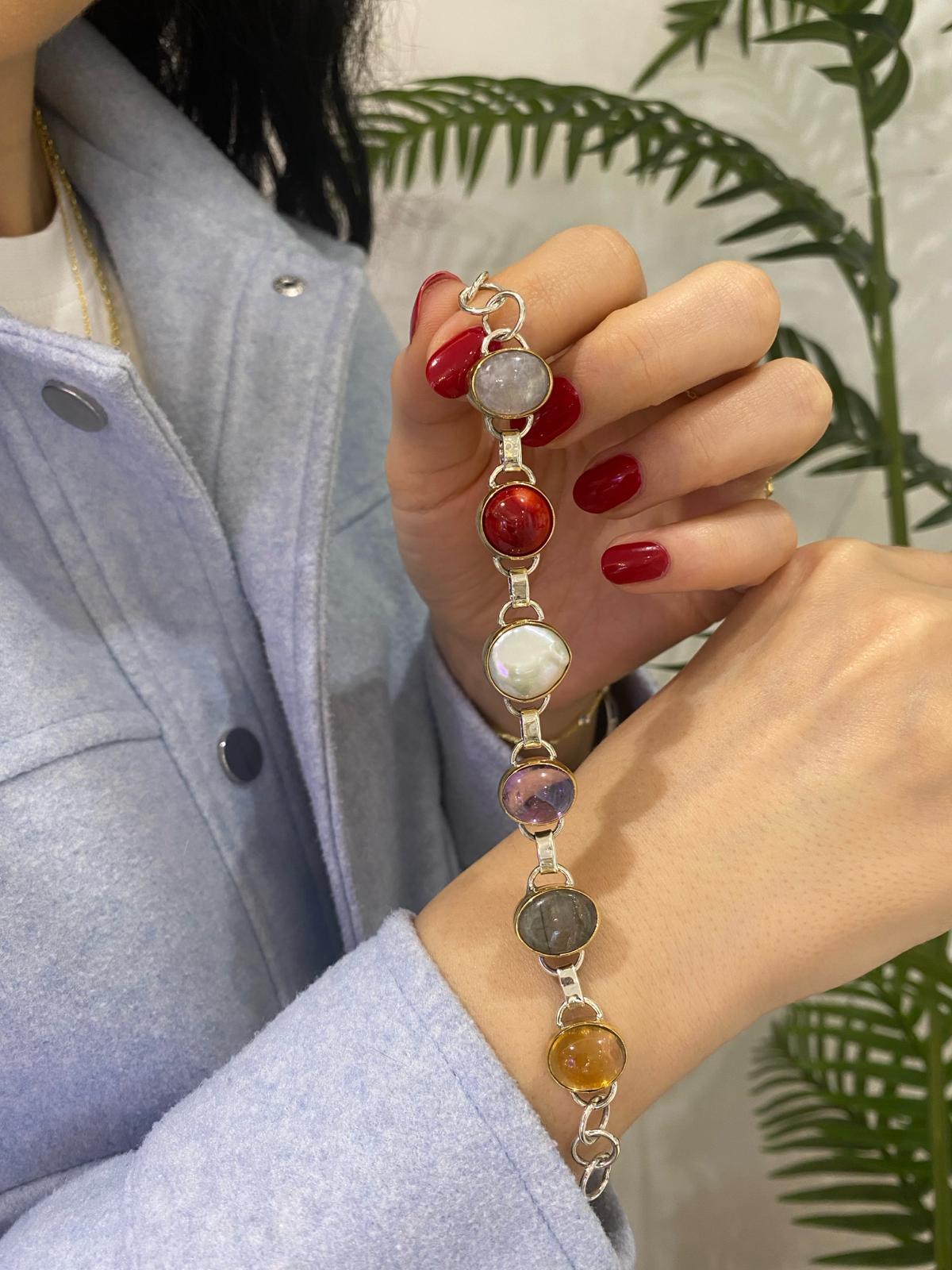 Kadın Gümüş Doğal Taşlı Tasarım Bileklik 4646