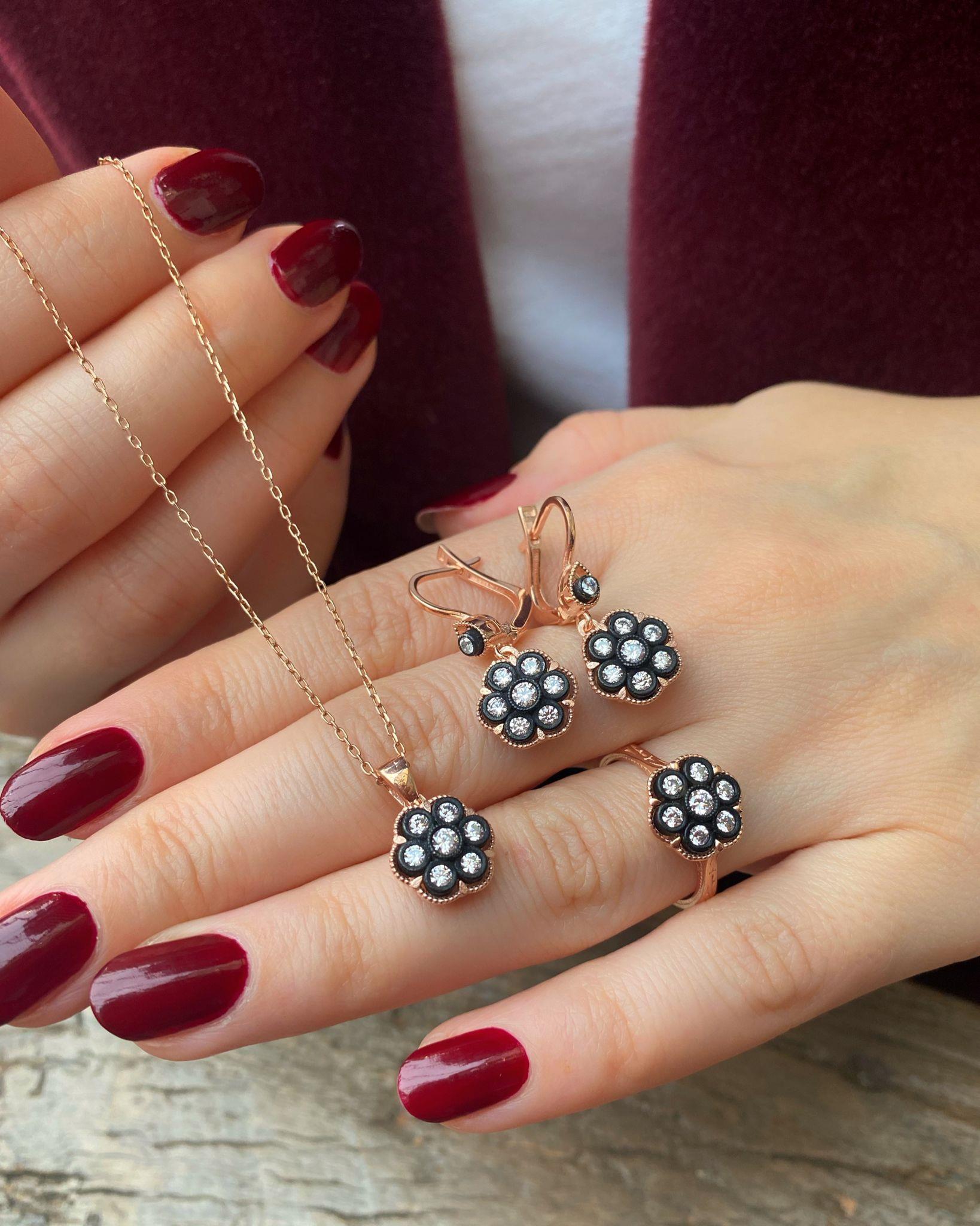 Kadın Gümüş Elmas Montür Çiçek Model Kadın Set