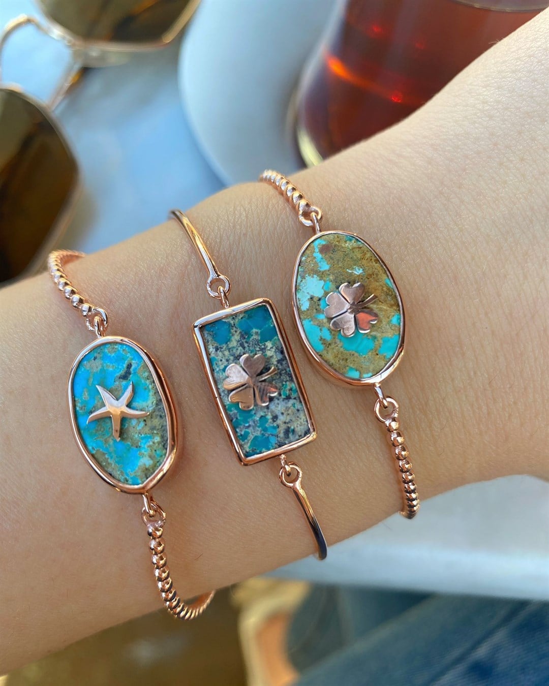 Kadın Gümüş Firuze Taşlı Yonca Bileklik