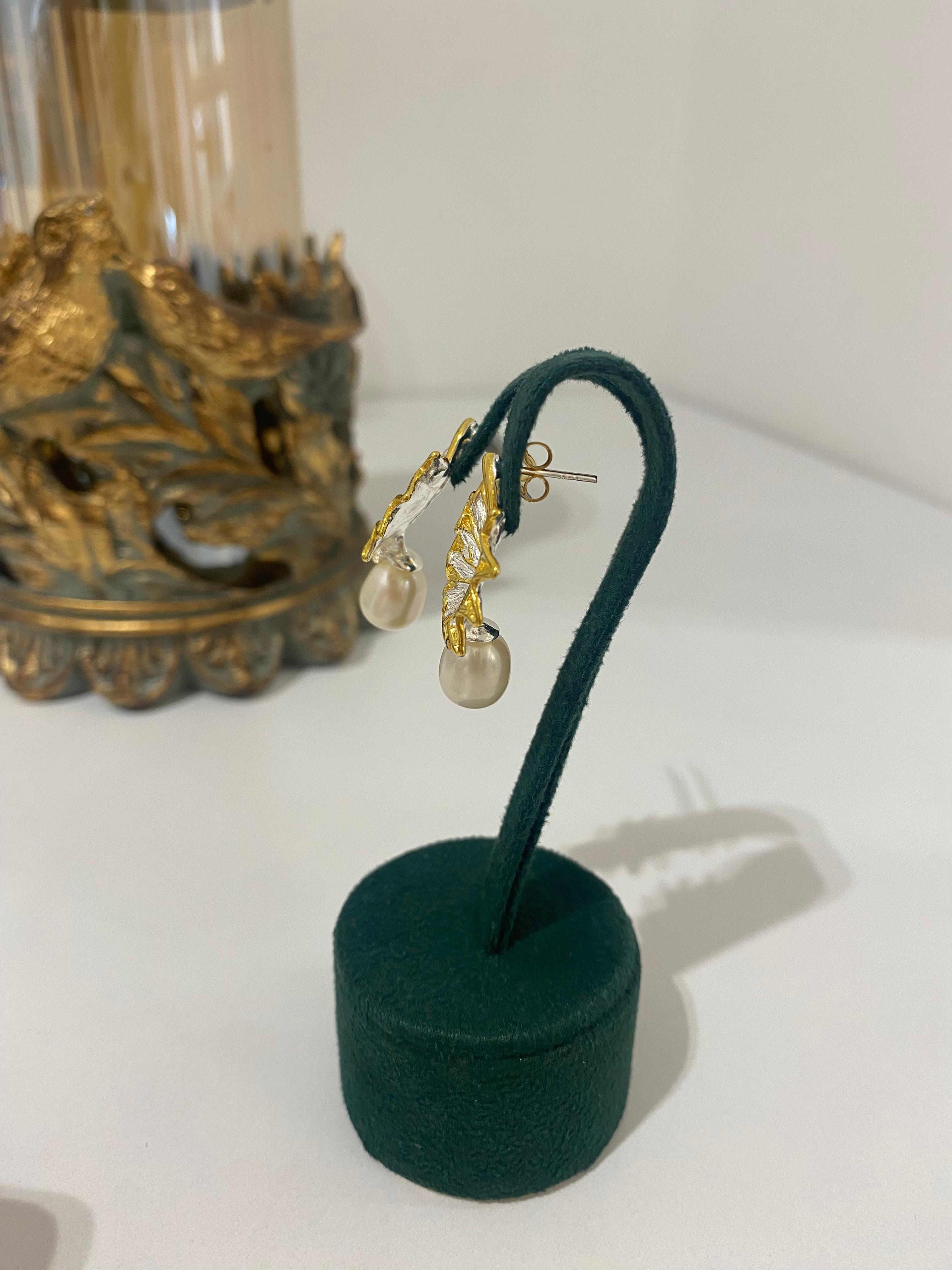 Kadın Gümüş Gold İncili Yaprak Küpe