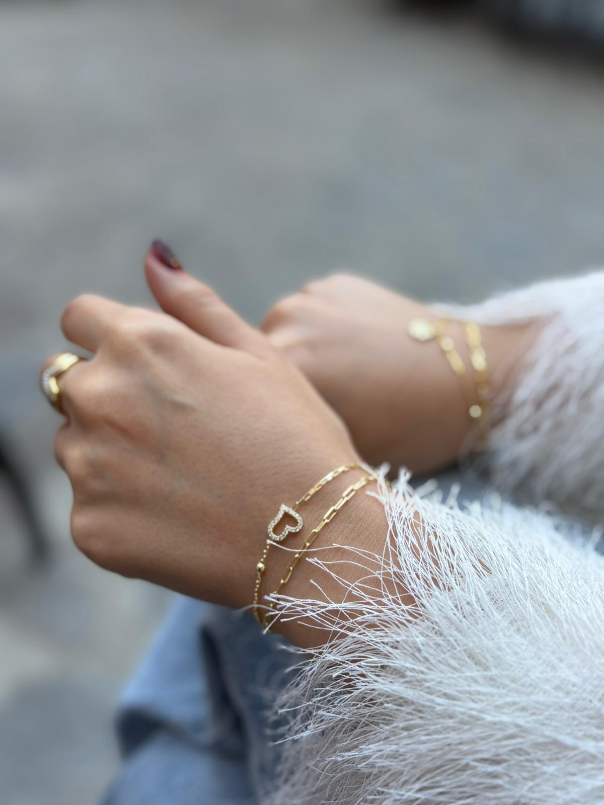 Kadın Gümüş Gold Zincirli Kalp Bileklik