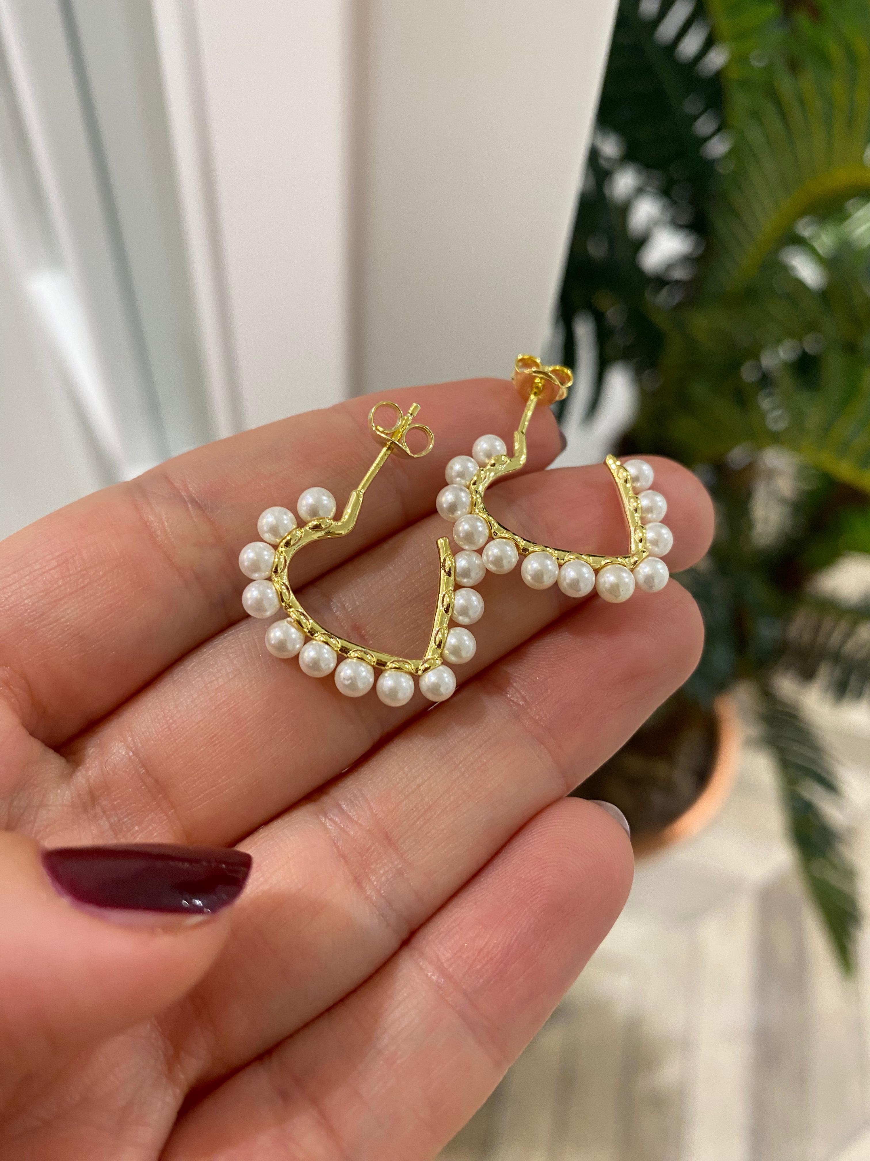 Kadın Gümüş İncili Kalp Küpe