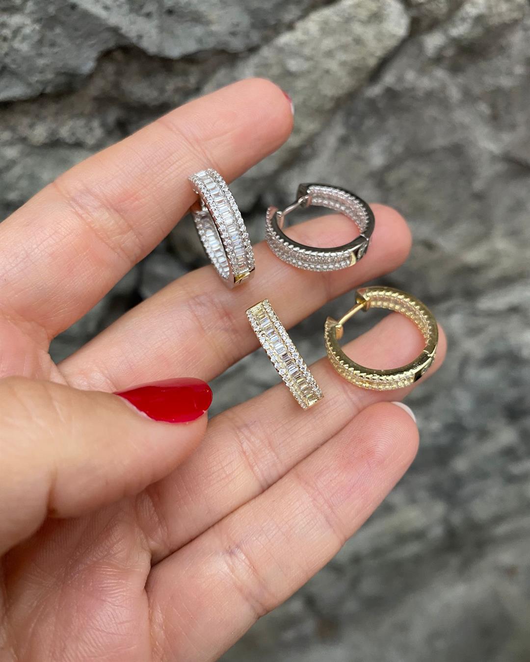 Kadın Gümüş İthal Baget Taşlı Halka Küpe 5252