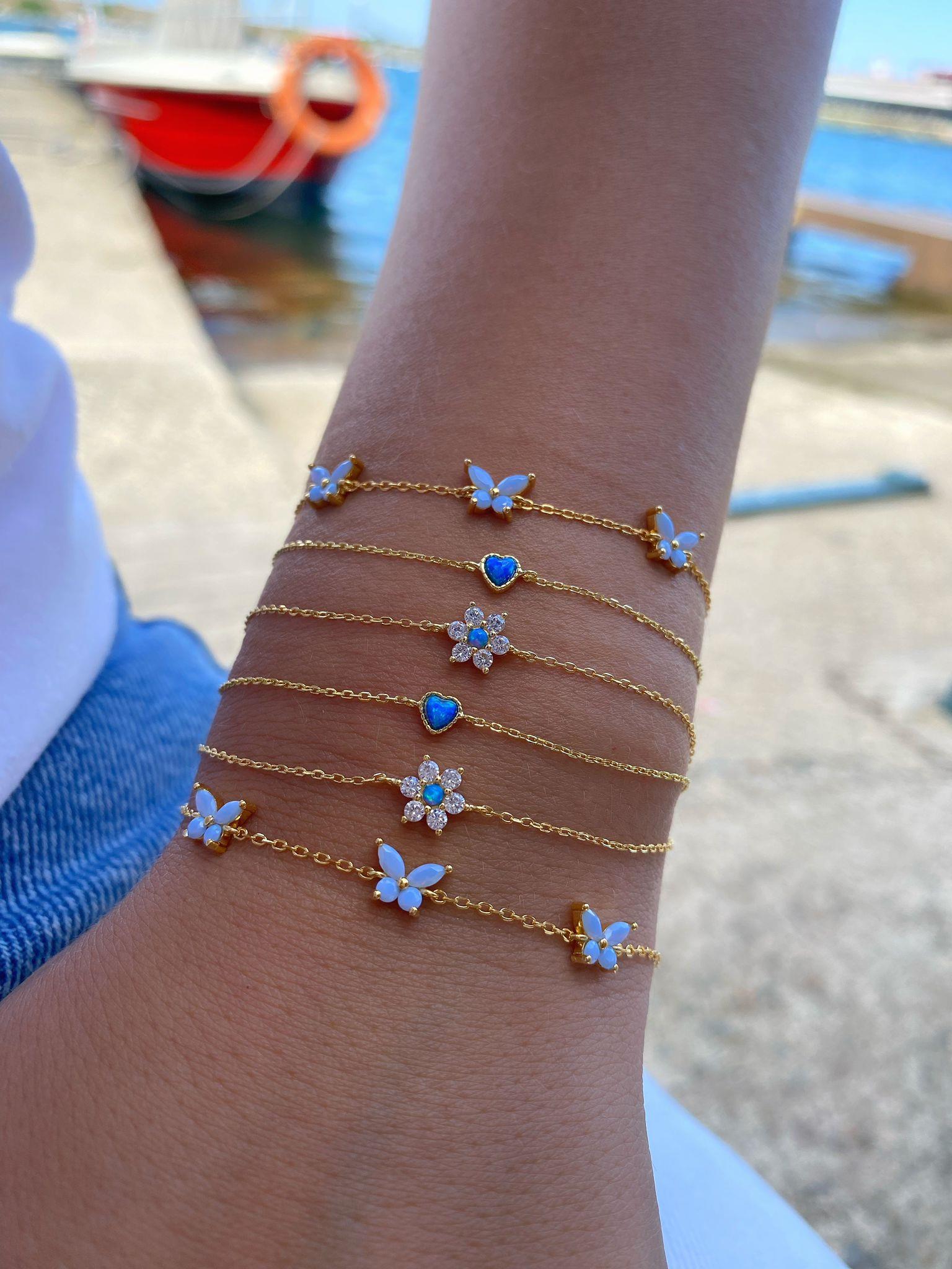 Kadın Gümüş Opal Taşlı Kalp Bileklik