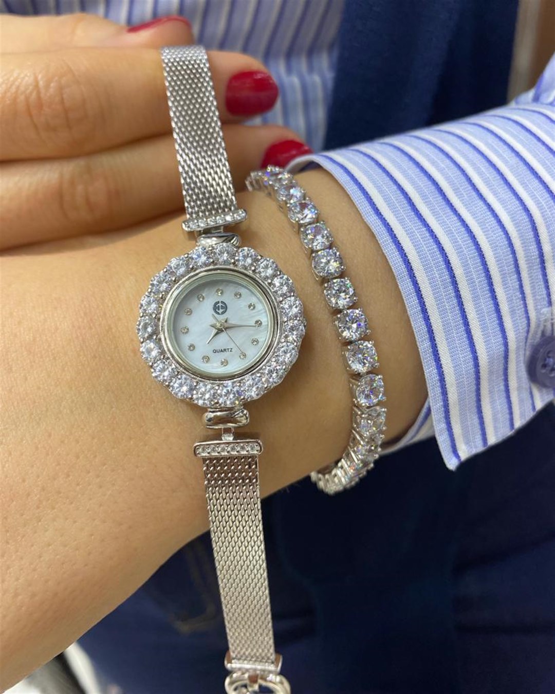 Kadın Gümüş Quartz Saat Ve Su Yolu Kombini