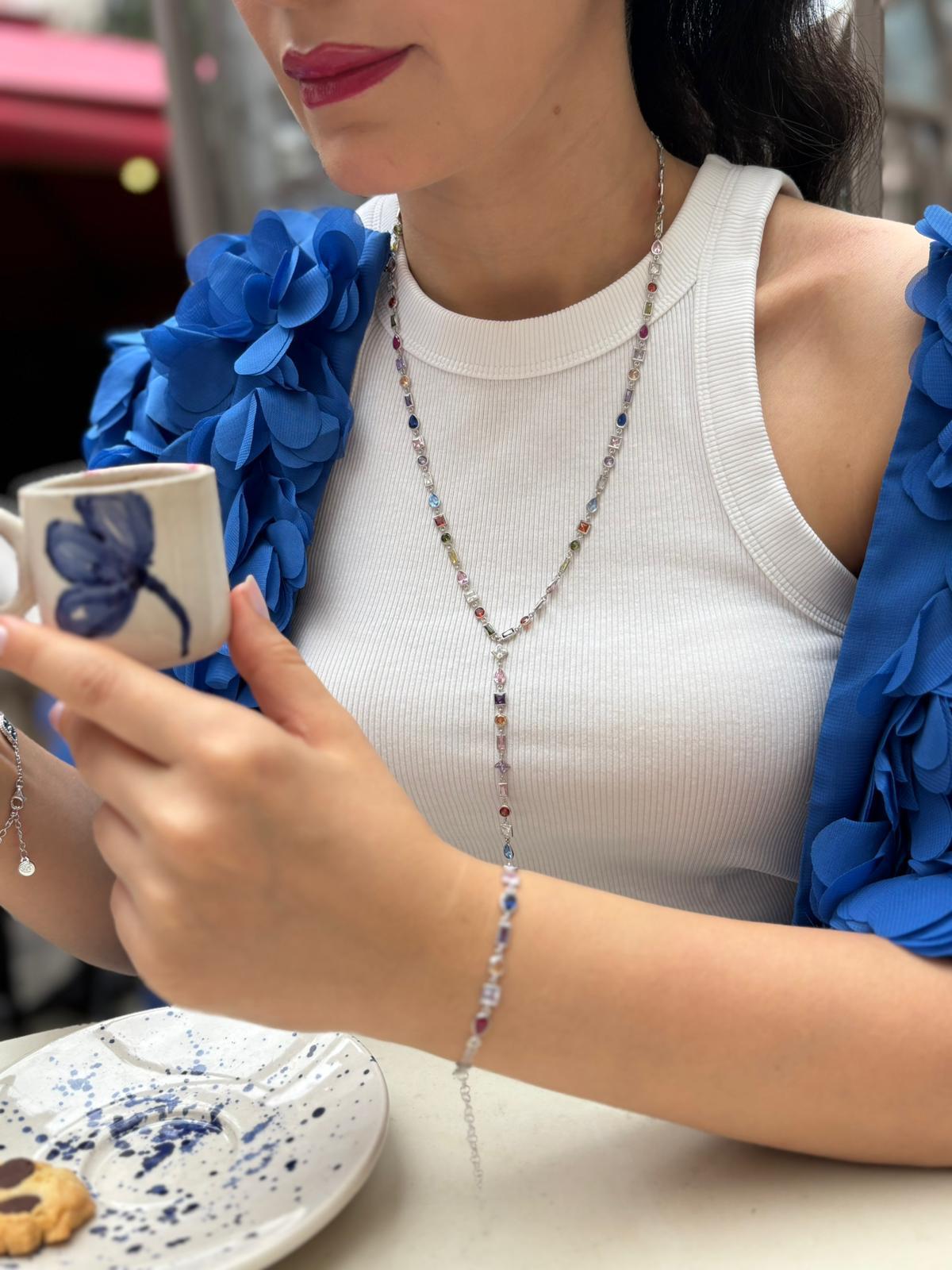 Kadın Gümüş Gold Renkli Taşlı Y Kolye ve Bileklik 