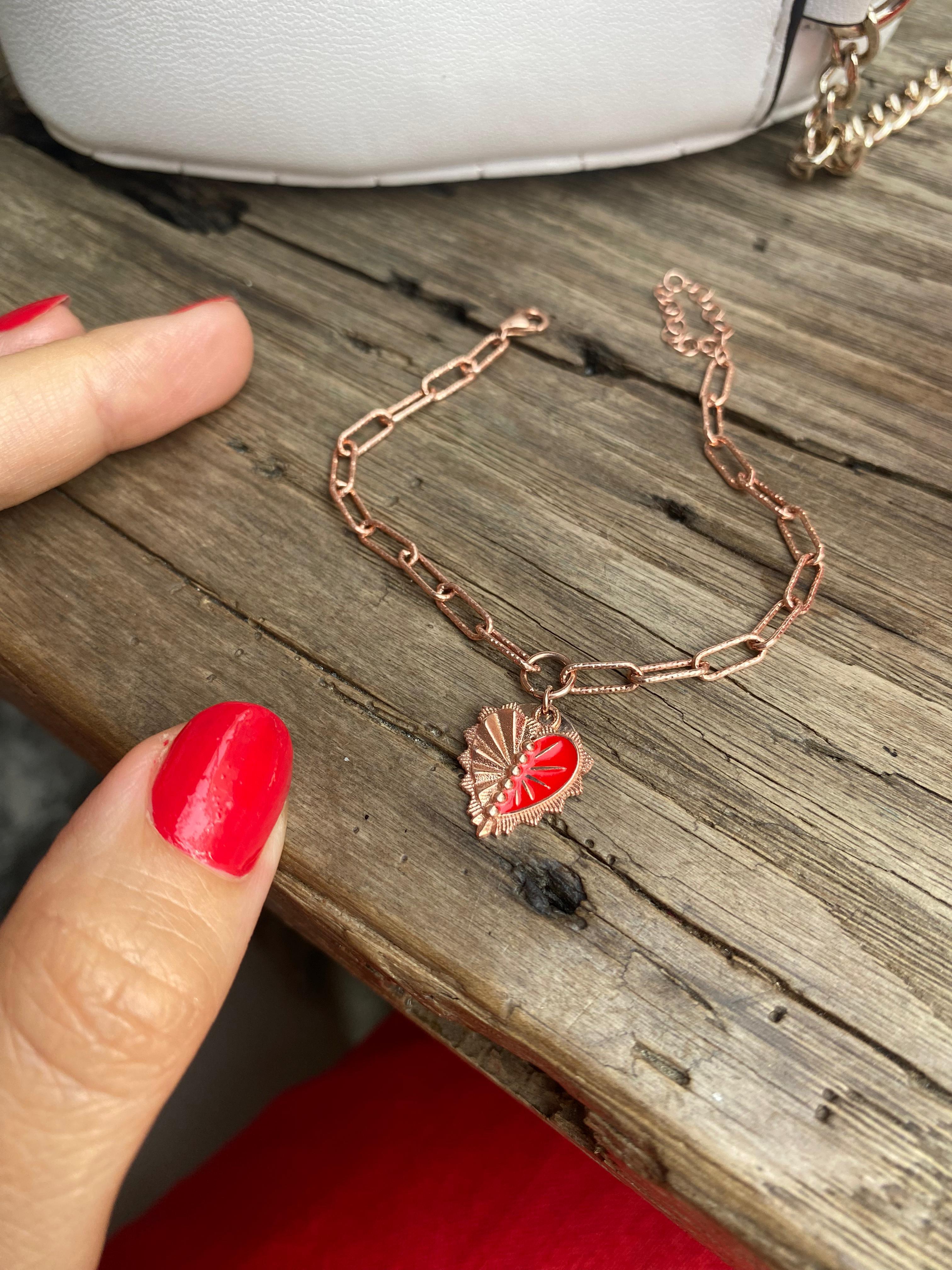 Kadın Gümüş Rose Kırmızı Kalp Bileklik