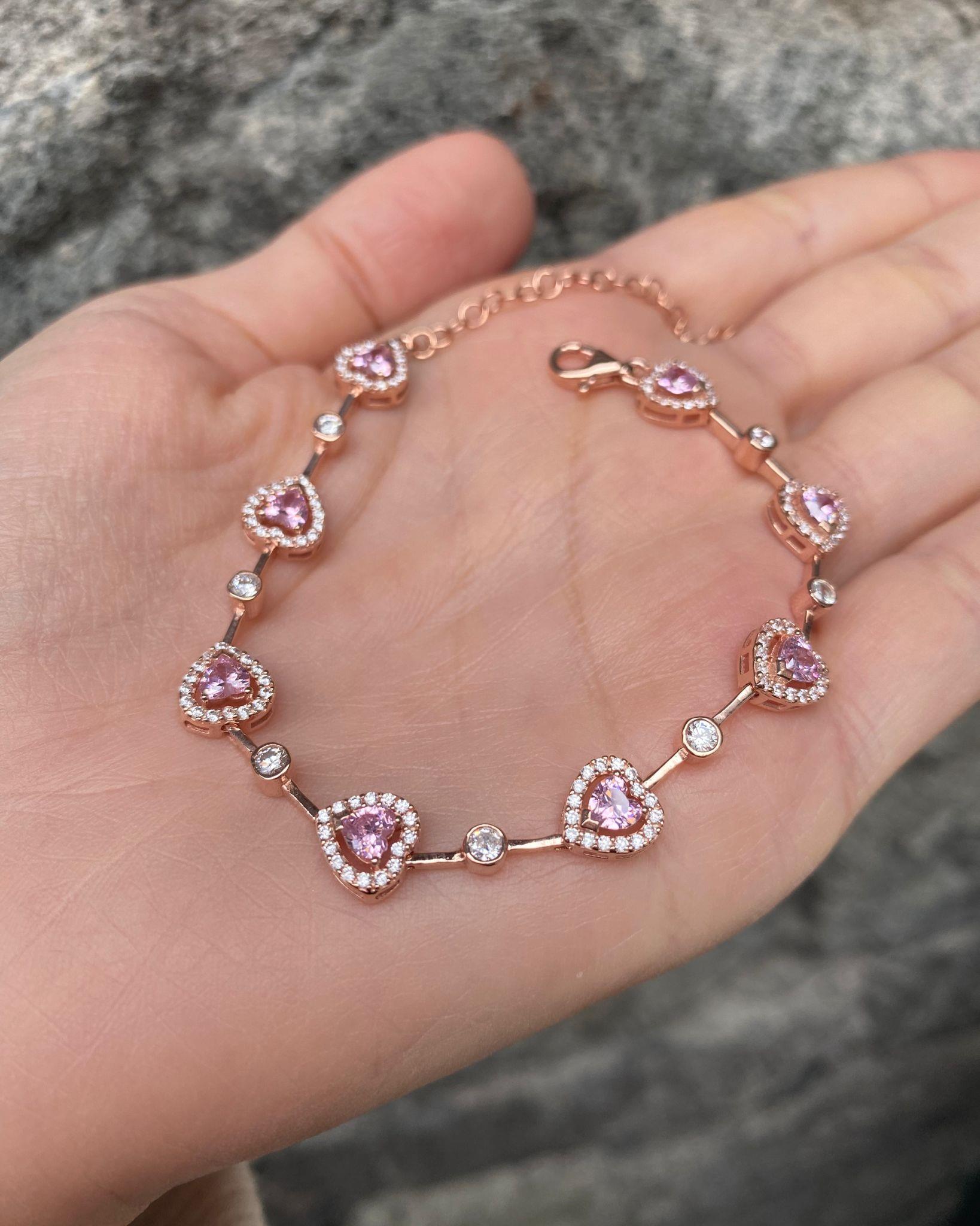 Kadın Gümüş Rose Pembe Kalpli Bileklik 0040