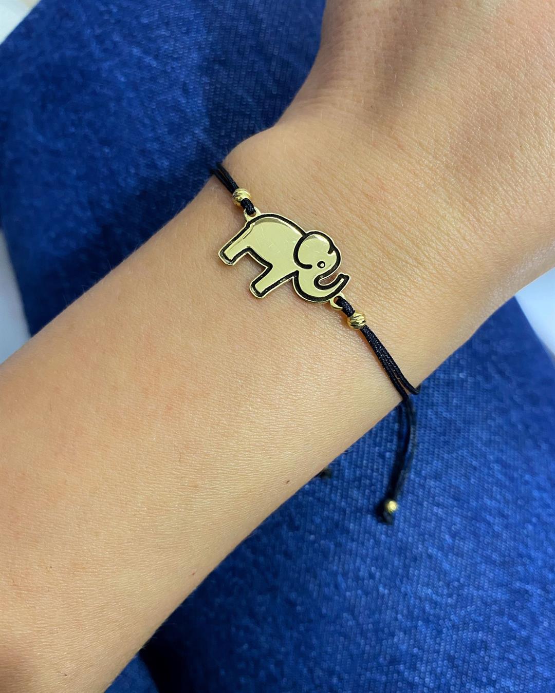Kadın Gümüş Siyah İpli Gold Fil Figürlü Bileklik