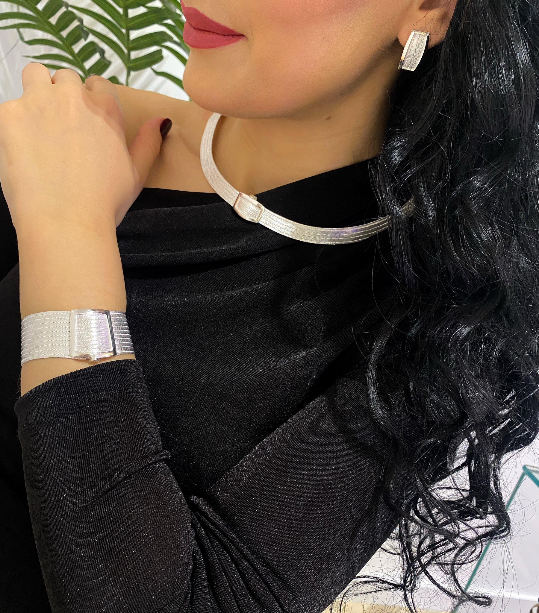 Kadın Gümüş Trabzon Hasır 11 Sıra Bileklik 5 Sıra Gerdanlık ve Küpe Seti