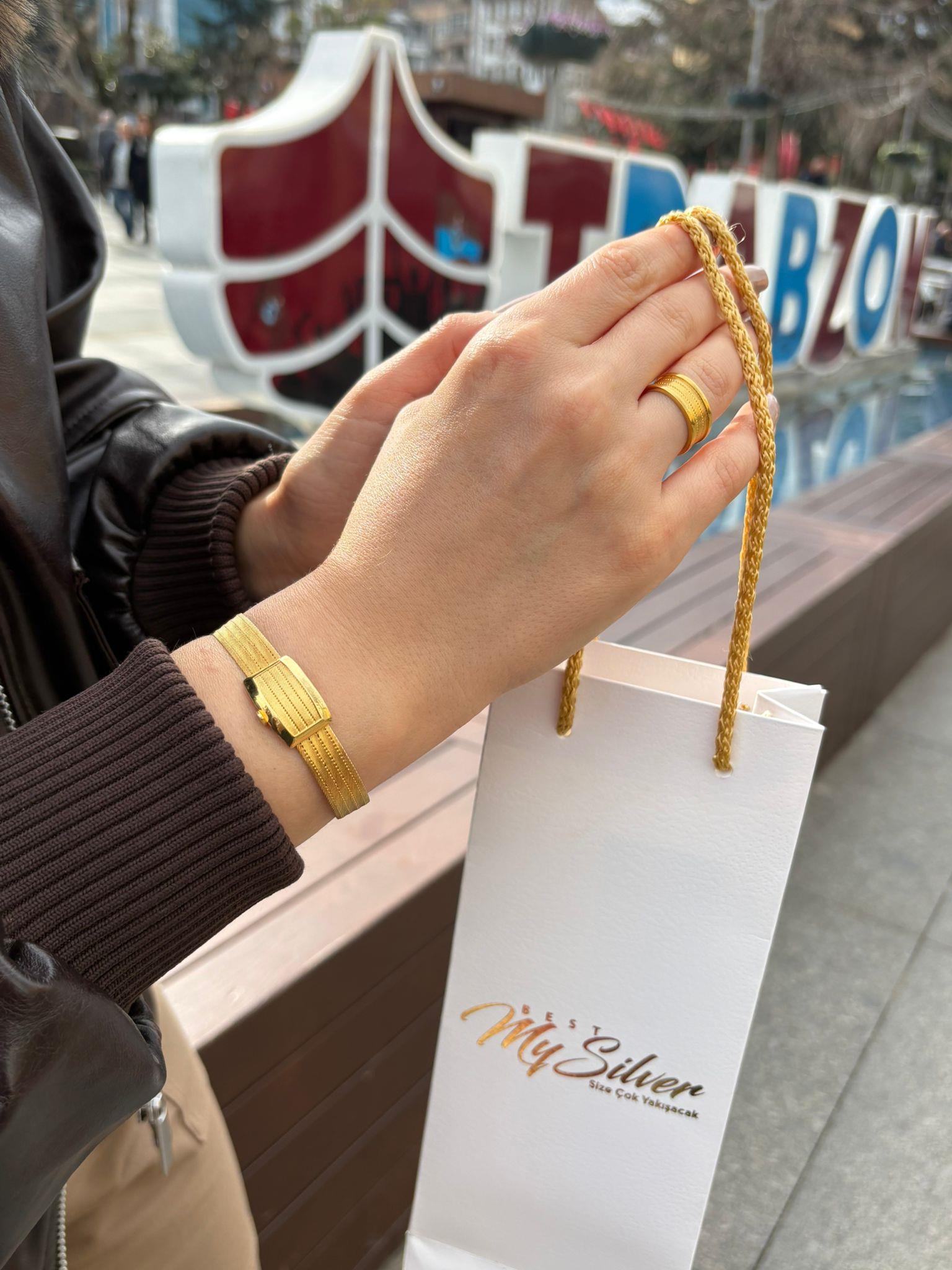 Kadın Gümüş Trabzon Hasır 5 Sıra Bileklik ve Yüzük