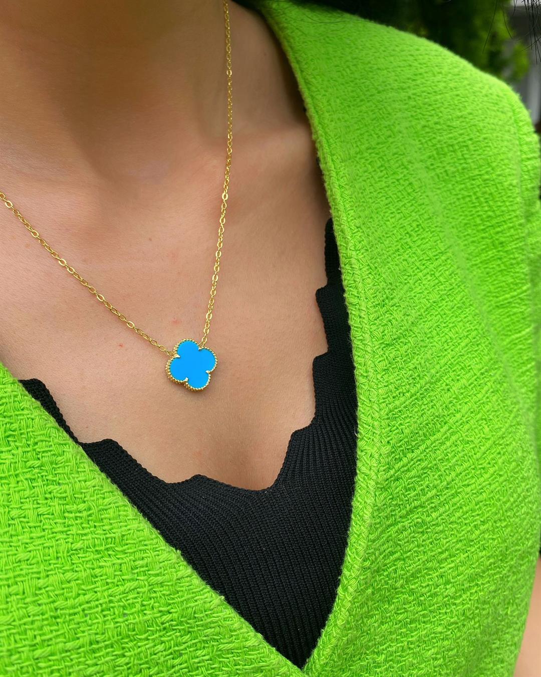 Kadın Gümüş Turkuaz Mineli Yonca Kolye