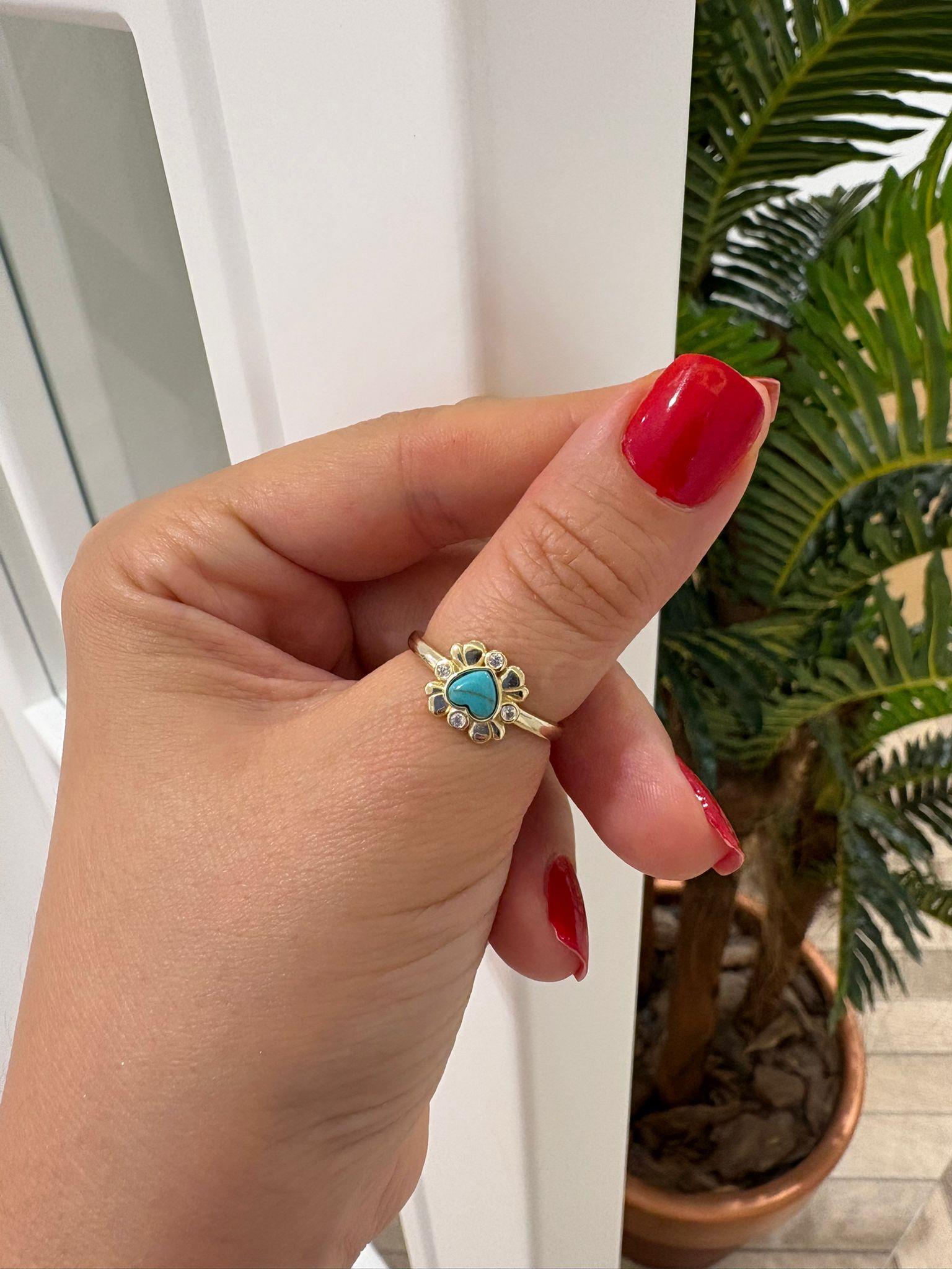 Kadın Gümüş Turkuaz Taşlı Kalp Yüzük