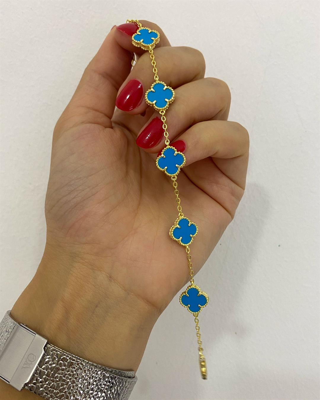 Kadın Gümüş Turkuaz Yoncalı Bileklik