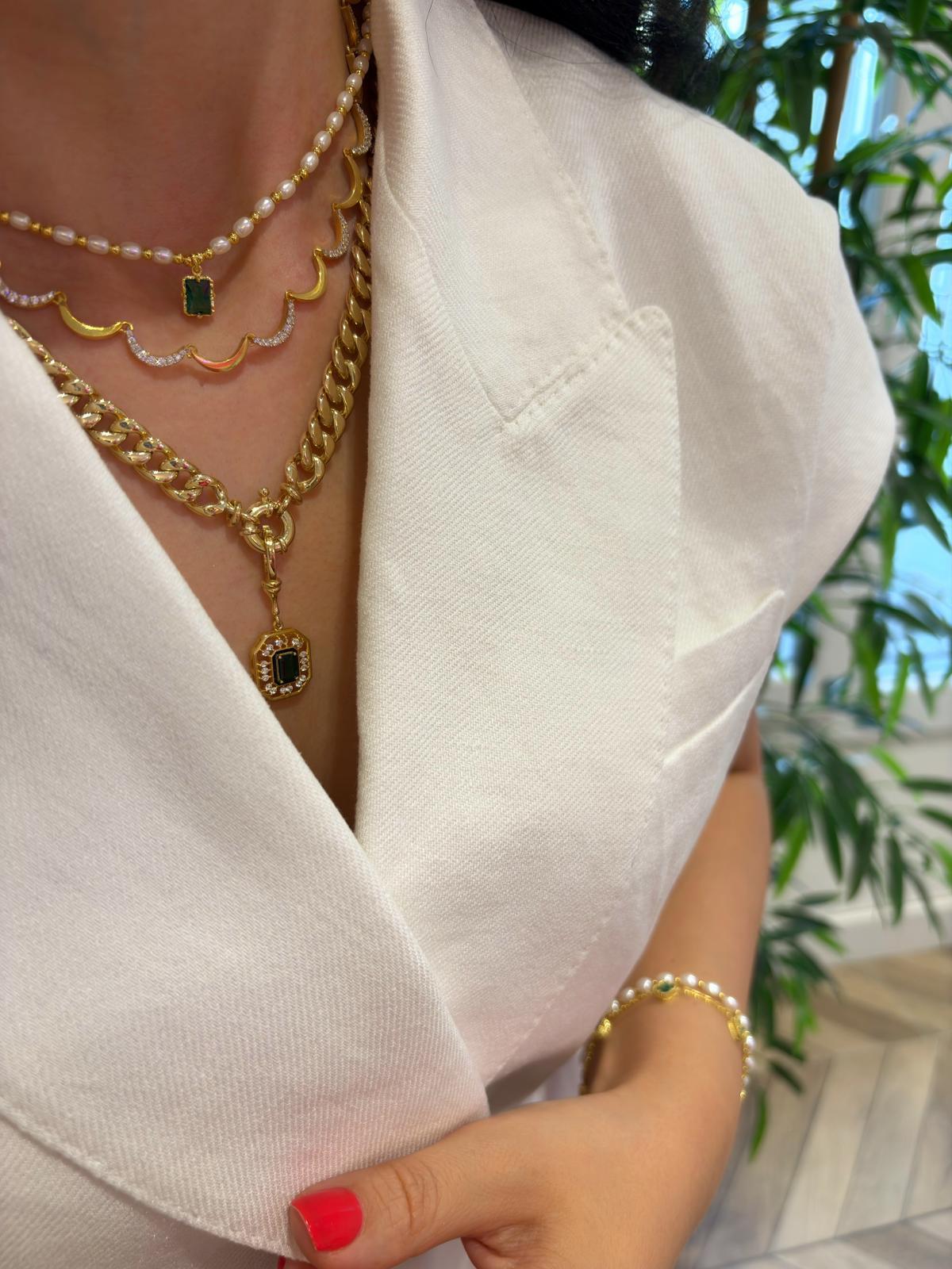 Kadın Gümüş Yeşil Baget Taşlı İnci Kolye