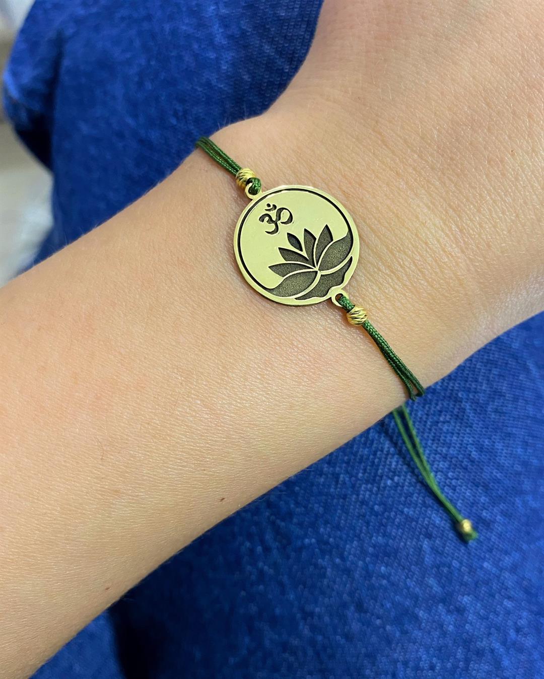 Kadın Gümüş Yeşil İpli Gold Lotus Çiçeği Figürlü Bileklik
