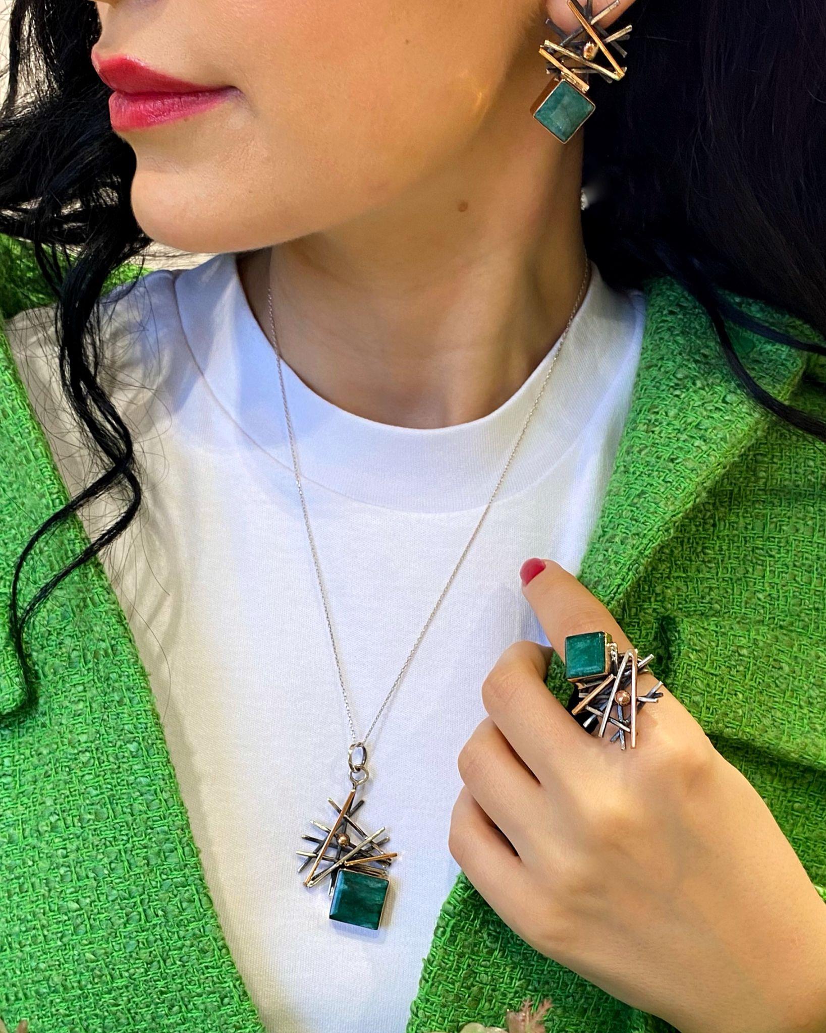 Kadın Gümüş Zümrüt Taşlı Otantik Set Takımı