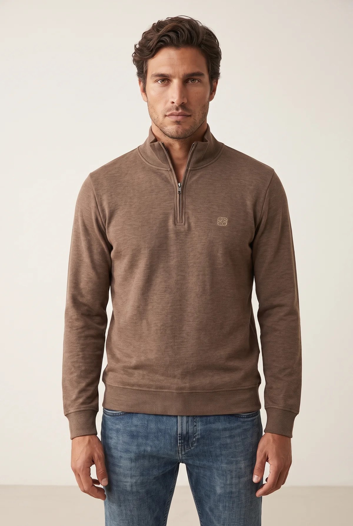 Jsco Erkek 6213 Dik Yaka Nakışlı Selanik Sweat Kahve