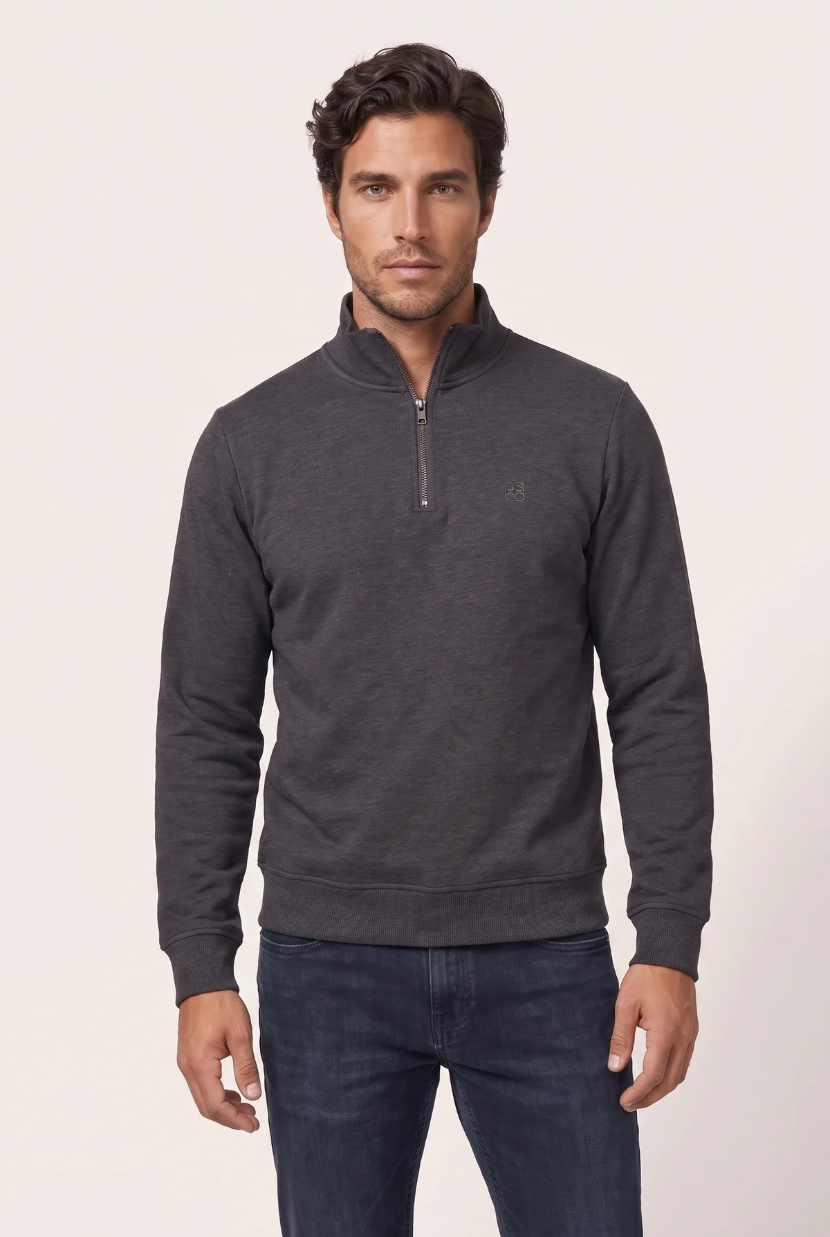 Jsco Erkek 6213 Dik Yaka Nakışlı Selanik Sweat Füme