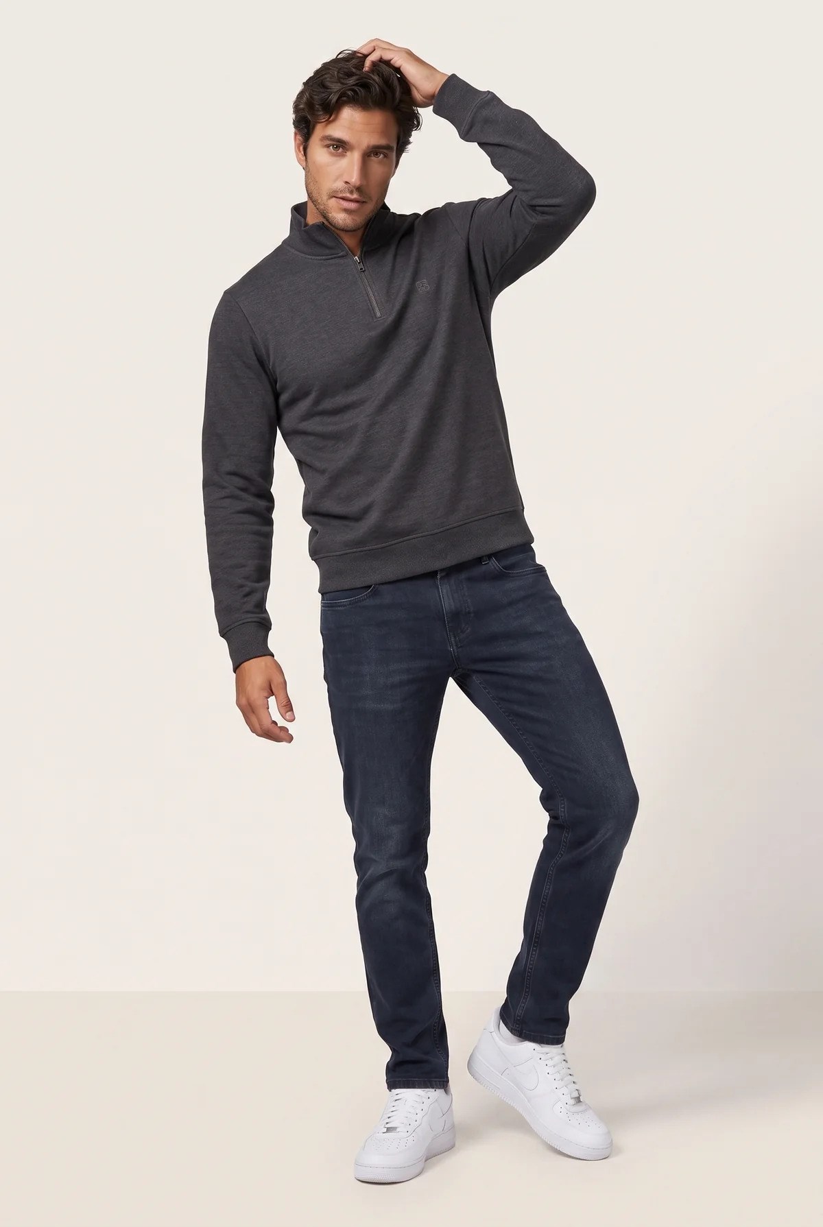 Jsco Erkek 6213 Dik Yaka Nakışlı Selanik Sweat Füme