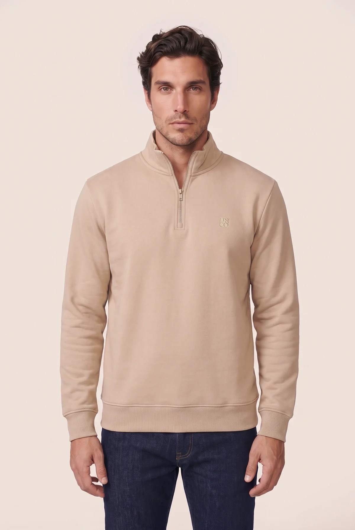 Jsco Erkek 6213 Dik Yaka Nakışlı Selanik Sweat Bej