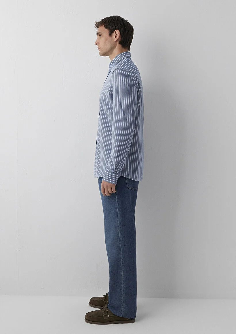 Mavi Erkek M0211404-91333 ÇİZGİLİ GÖMLEK Dark denim zemin white st Beyaz