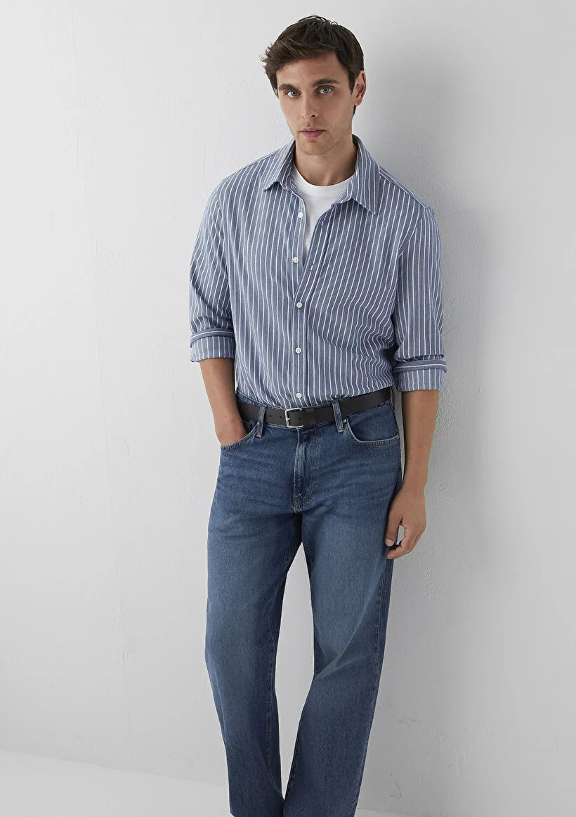 Mavi Erkek M0211404-91333 ÇİZGİLİ GÖMLEK Dark denim zemin white st Beyaz