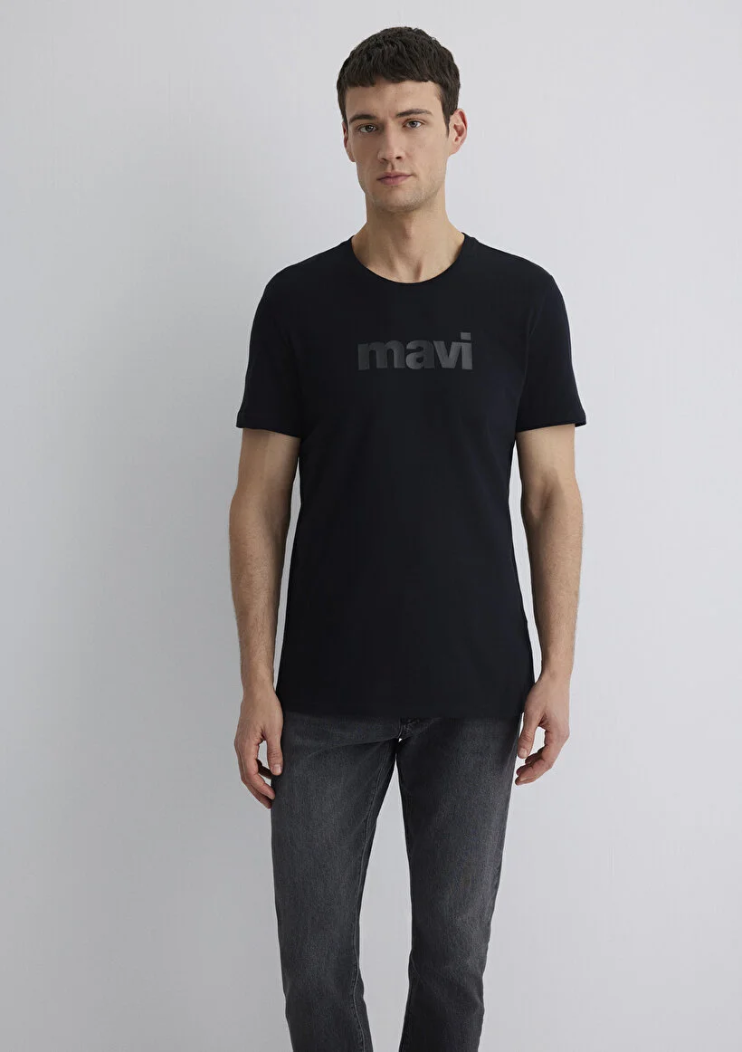 Mavi Erkek M065199-900 Mavi Baskılı Tişört Siyah Standart
