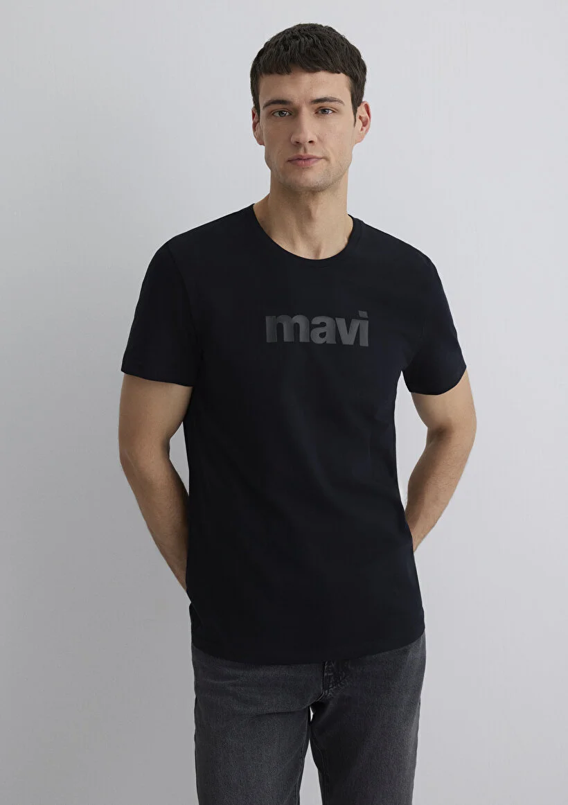 Mavi Erkek M065199-900 Mavi Baskılı Tişört Siyah Standart