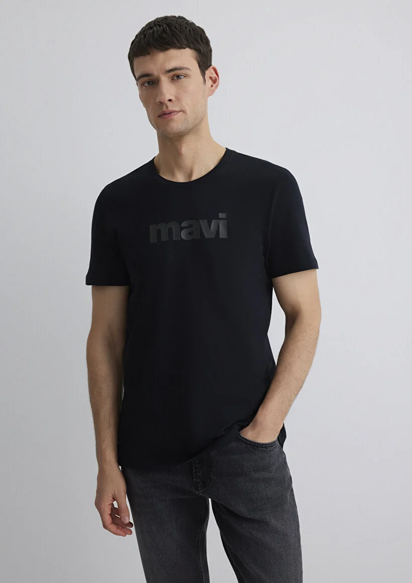 Mavi Erkek M065199-900 Mavi Baskılı Tişört Siyah Standart