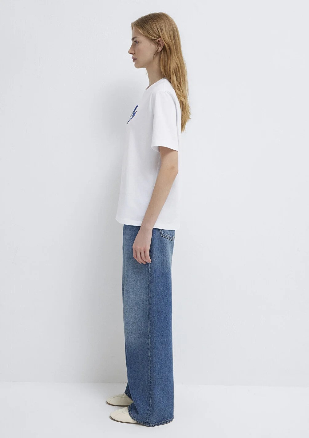 Mavi Kadın M1612421-620 Mavı Jeans Baskılı Tişört Beyaz Beyaz