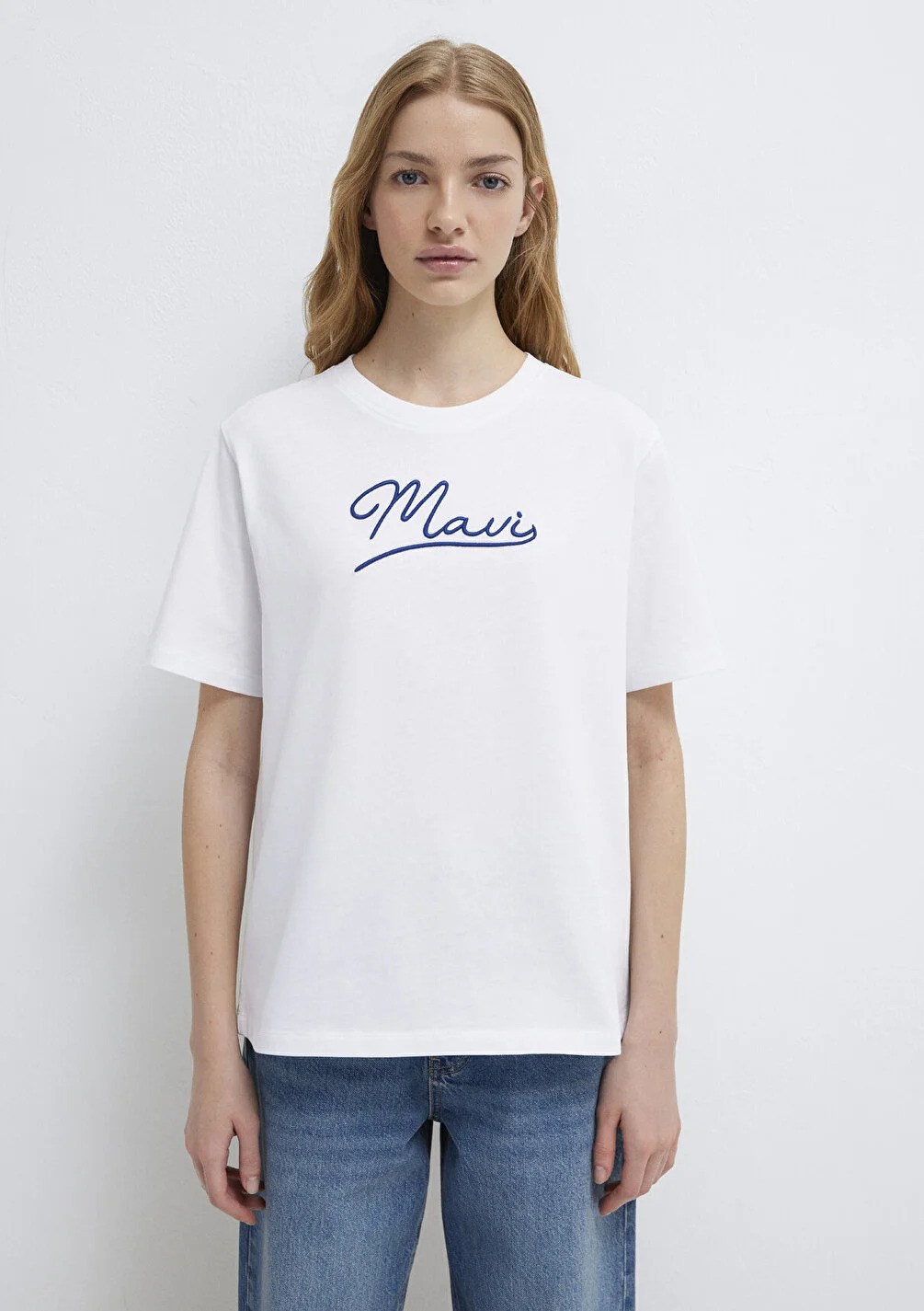 Mavi Kadın M1612421-620 Mavı Jeans Baskılı Tişört Beyaz Beyaz