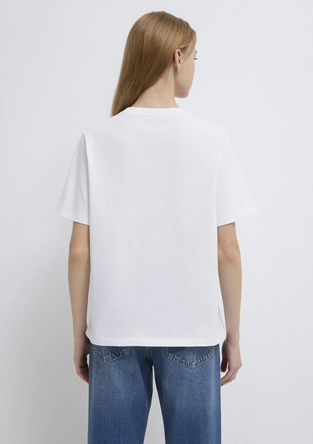Mavi Kadın M1612421-620 Mavı Jeans Baskılı Tişört Beyaz Beyaz