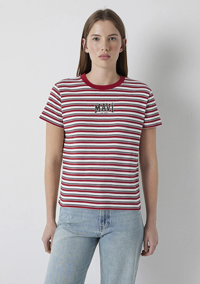 Mavi Kadın M1614397-91112 Logo Baskılı Tişört Rio Red Stripe Kırmızı