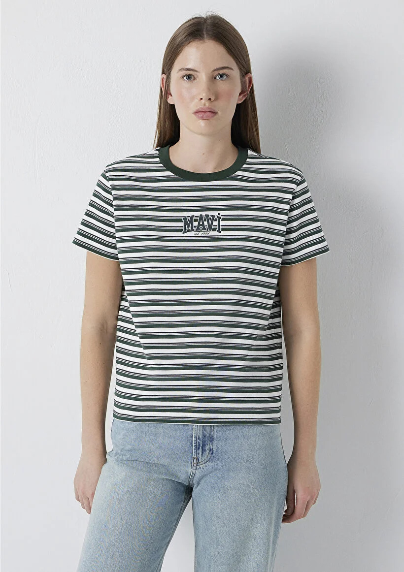 Mavi Kadın M1614397-91642 Logo Baskılı Tişört Sycamore Stripe Siyah